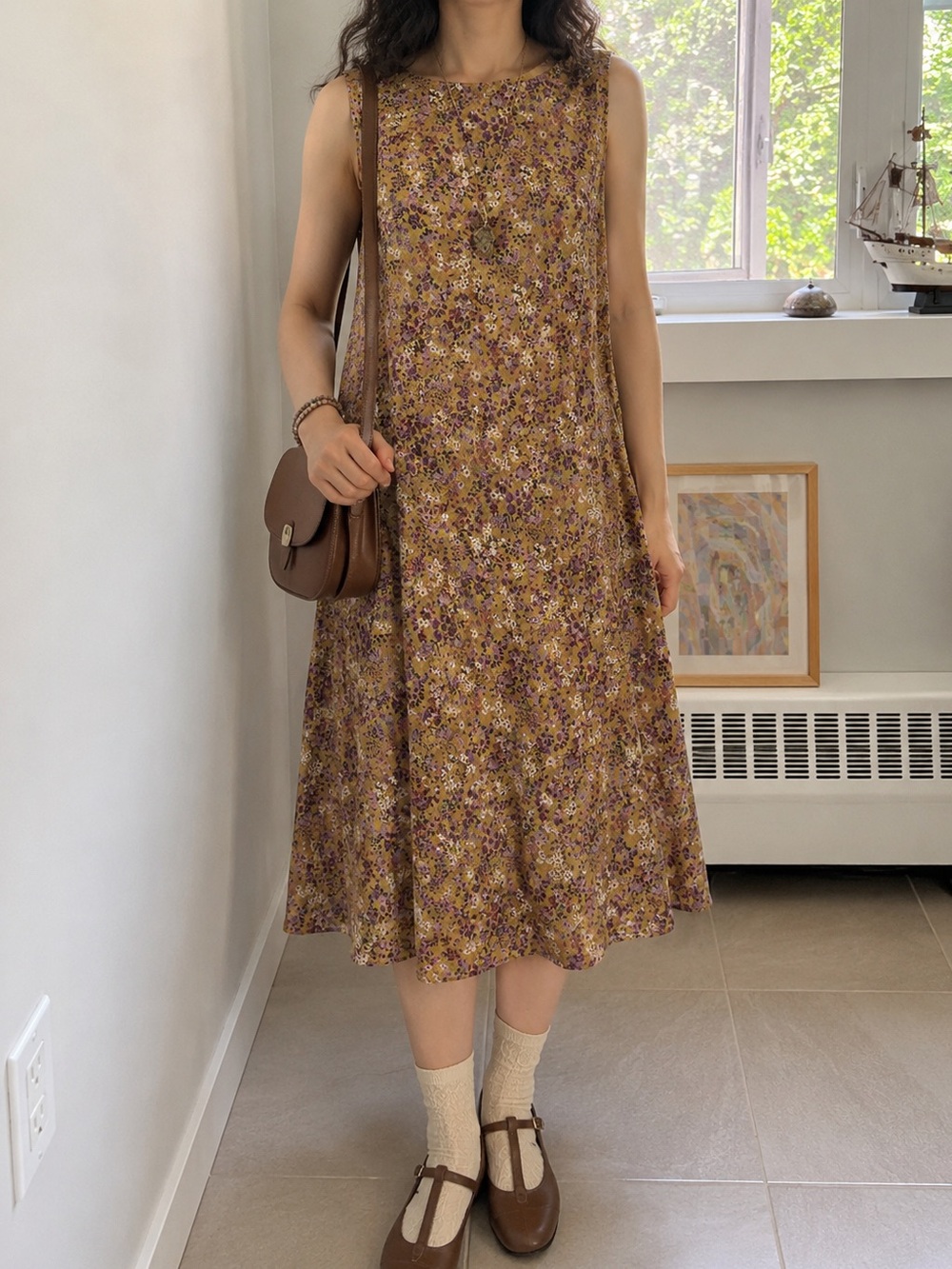 Vintage Mustard and Purple Floral Sleeveless Midi Dress by Allen Schwartz